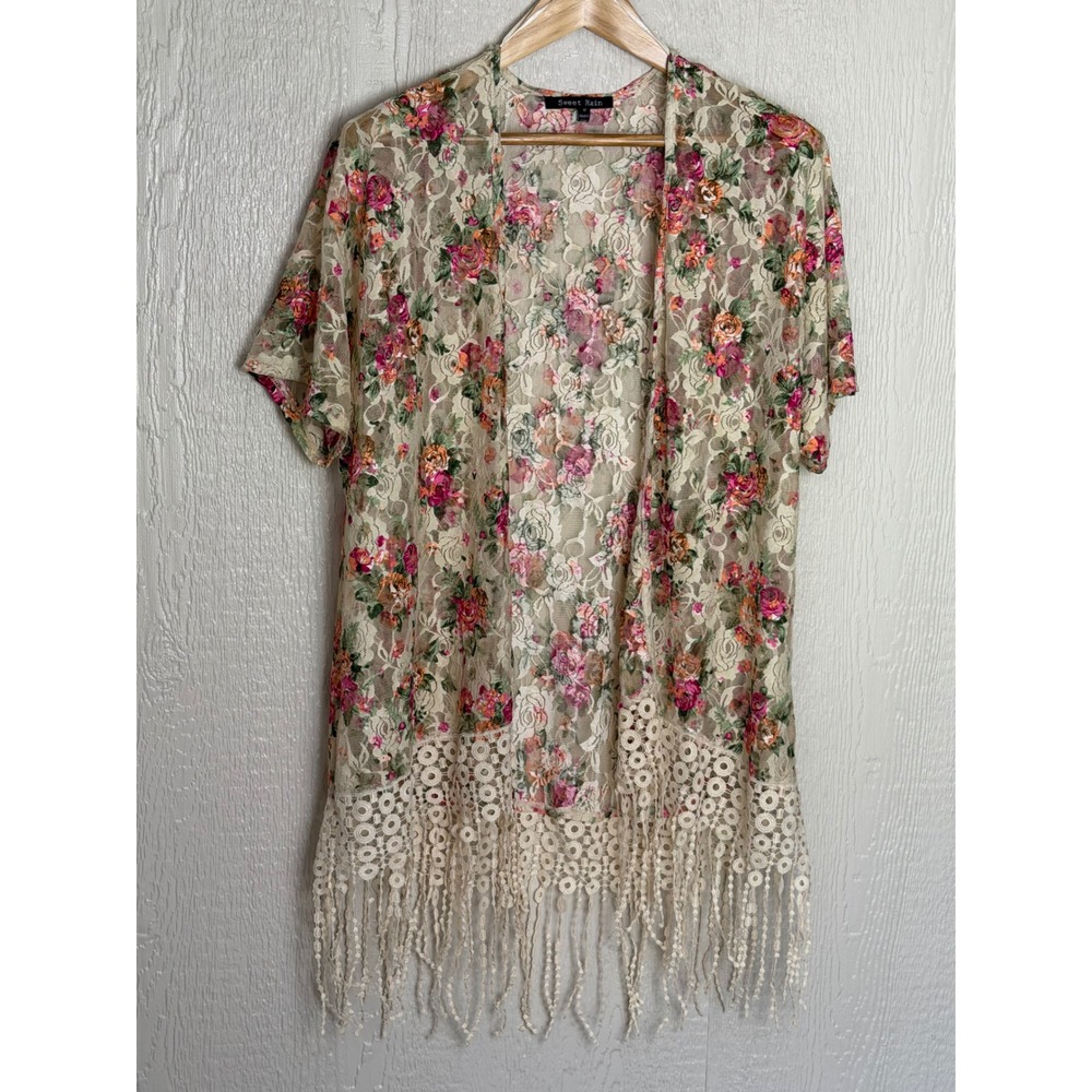 Sweet Rain Floral Lace Kimono Wrap Fringe Crochet Trim Multi Color Size Medium